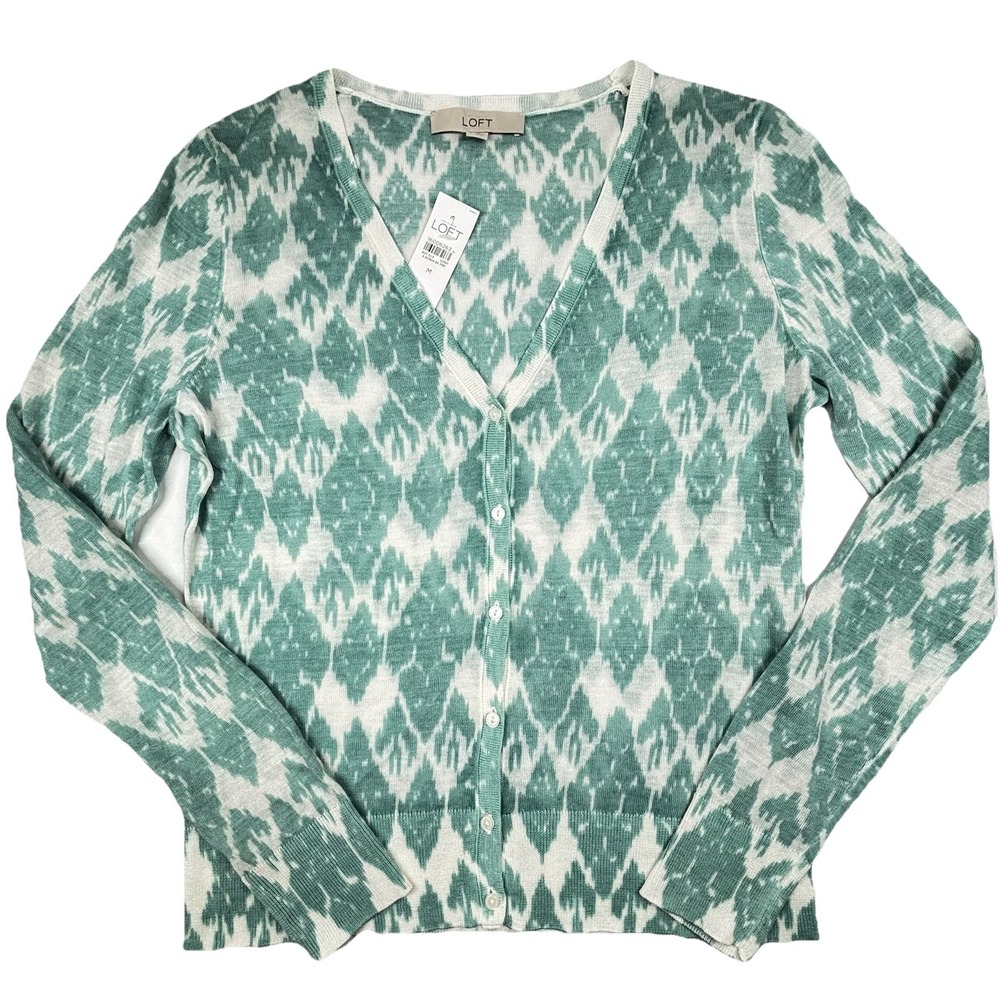 Loft Green Diamond Burnout Cardigan Womens Medium Lightweight Office Summer NWT